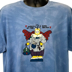 Vintage 90s Love Is a Work of the Heart T Shirt Cat Angel Blue Unisex XL X-Large